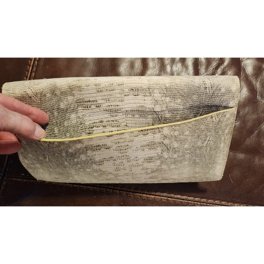 Elie Tahari Clutch Bag Beige Leather Reptile Embossed Design